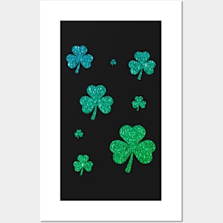 St Patricks Day, Ombre Green 3 Leaf Faux Glitter Clovers Posters and Art